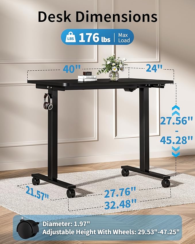 Okin Electric Standing Desk 40 x 24 Inches Whole Piece Height Adjustable Desk Black Sit to Stand Desks Computer Workstation with Wheels for Home Office