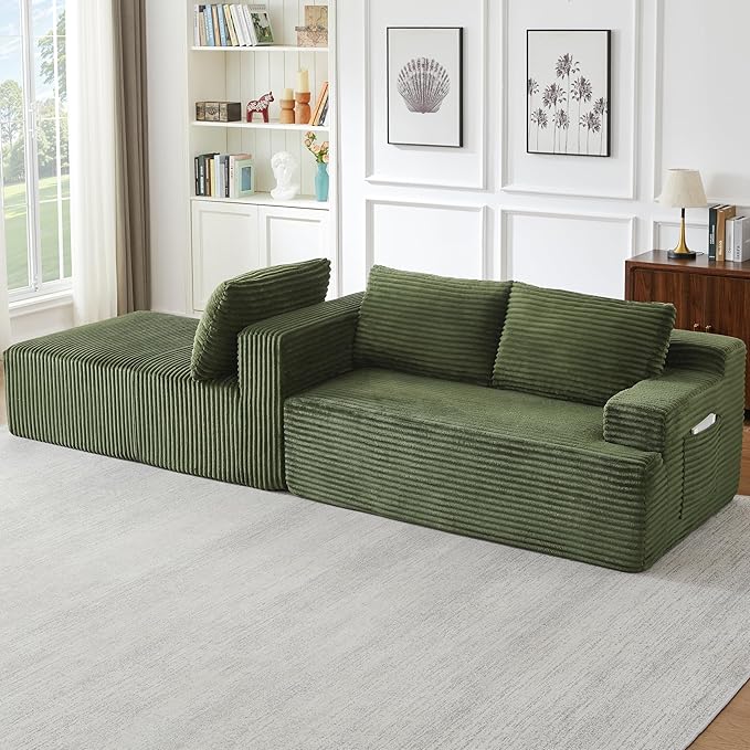 Modern Corduroy Modular Sectional Sofa96.1 Minimalist Style L-Shaped 3 Seat Couch with Side Storage PocketsComfortable Chaise Lounge for Living RoomReception AreaGreen Left Chaise Lounge