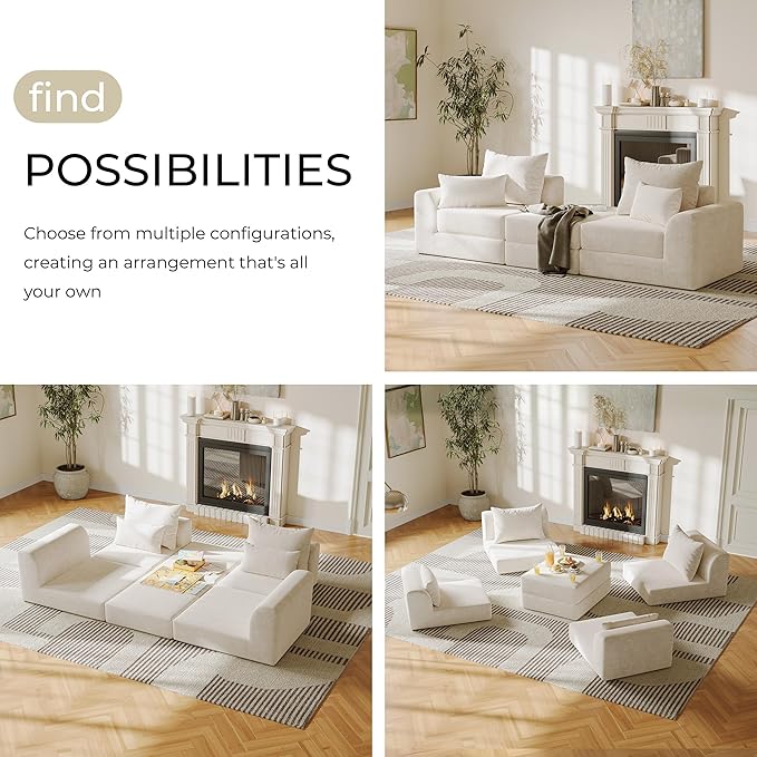 Modular loveseat with Ottoman L-Shape Boneless Couch Customizable Sectional Couch Free Combination Design Sleeper Sofa Cloud Mist