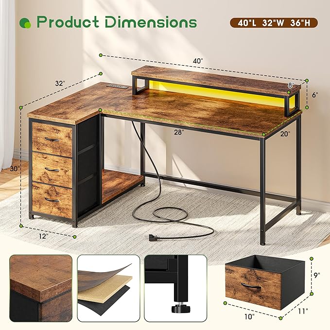 EnHomee L Shaped Desk with 3 Drawers 40 Inch Small Desk with Monitor Stand Gaming Desk with Power Outlet Computer Corner Desk with LED Lights for Gaming Home Office Study Room Rustic Brown
