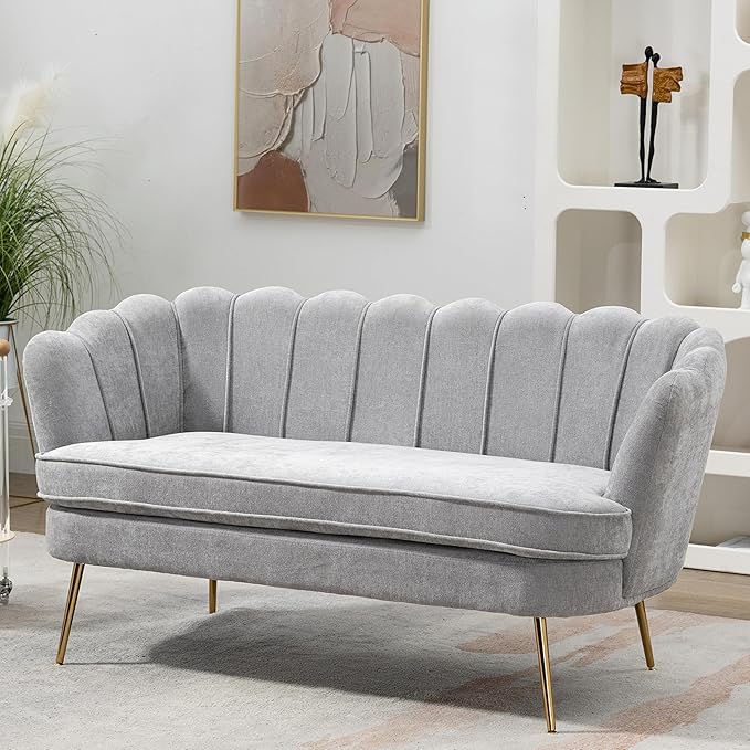 Chenille Small Sofa Couch for Small Spaces Living Room Bedroom59 Loveseat Couches with Gold Metal LegsChannel Tufted 2 Seater Sofas with Curved Back and Arms for ApartmentRV.