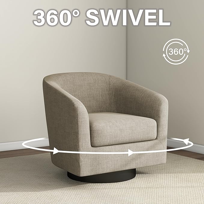 Swivel Barrel Chair Modern Round Swivel Accent Chair in Linen for Living Room Comfy Club Chair Upholstered Armchair for Bedroom Small Space-Light Brown