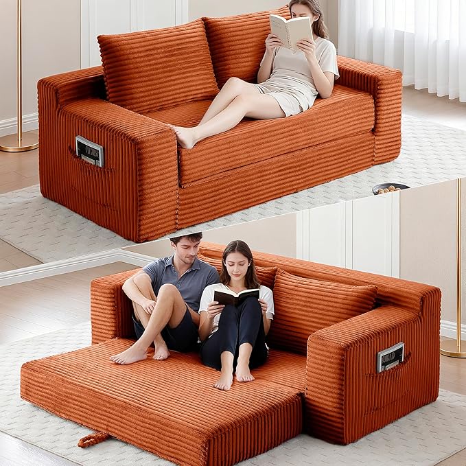 73 Convertible Sofa Bed Pull Out Loveseat Sleeper Sofa with Side Pockets 2 in 1 Folding Couch Bed Fold Out Floor Couch Lounge Sofa with 2 Pillows for Living Room Apartment (Orange)