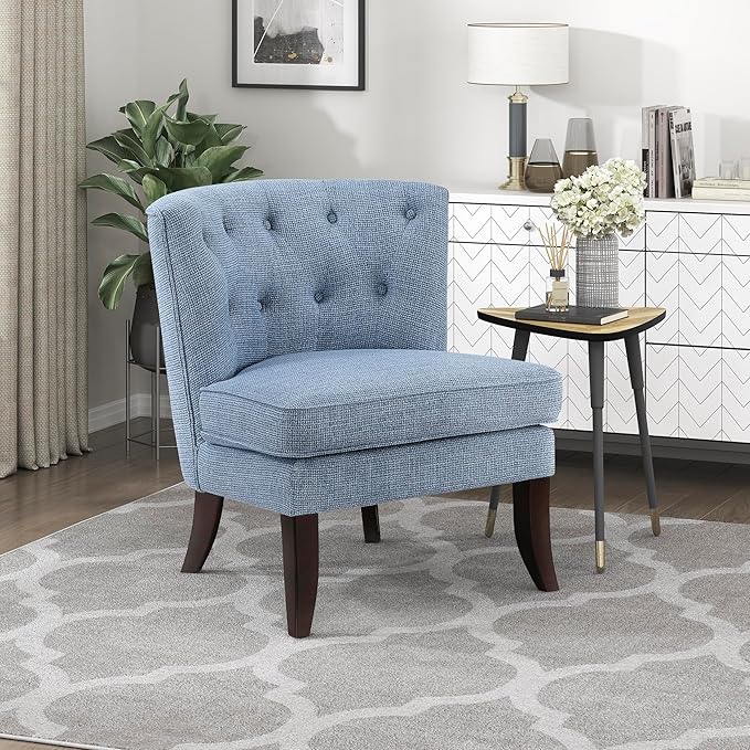 Lexicon Accent Chair Textured Fabric Upholstered Armless Chair with Solid Wood Legs Button Tufted Curved Back for Living Room/Bedroom/Office/Waiting Area Blue