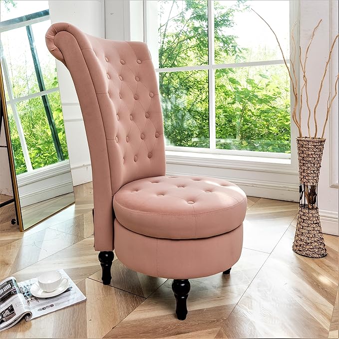 Royal High-Back Velvet Accent Chair for Vanity with Storage and Luxurious Upholstery Retro Design and Versatile Usage for Living Room Bedroom Lounge and Office Rose