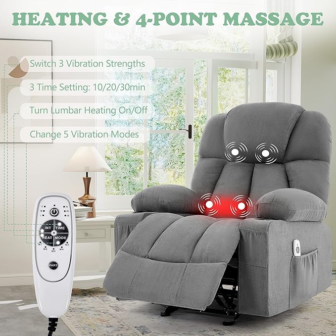 Manual Recliner Chair Rocker Recliner with Vibration Massage &amp Heat Ergonomic Reclining Fabric Living Room Chairs for Bedroom Nursery Single Sofa with 4 Pockets 2 Cup Holders Grey