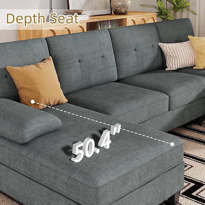 JAMFLY 107 U-Shaped Modern Sofa Modular Sectional Cloud Couch with Chaise 4-Seat Deep Seat Sofa for Living Room Bedroom and Apartment Dark Grey