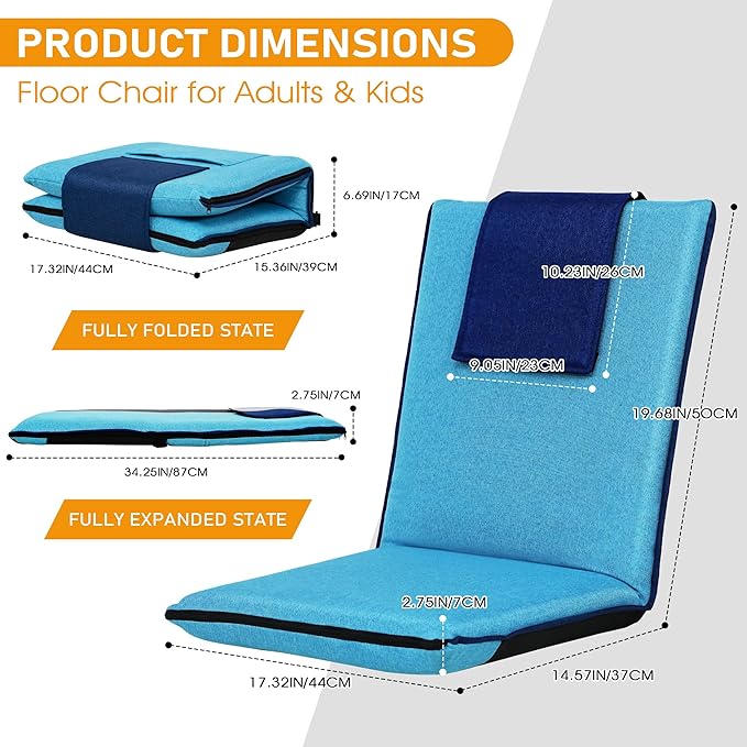 Floor Chair with Back Support 14-Position Adjustable Floor Chair Portable Ground Seating for Adults Foldable Meditation Seat with Japanese KOYO Bearings &amp Washable Linen Cover (Bright Blue)