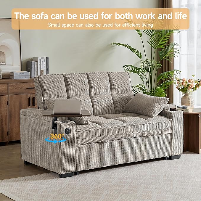 65'' Chaise Lounge Chair Indoor 3-in-1 Convertible Sofa Bed with Pull-Out Design 360° Swivel Side Table Modern Granular Velvet Couch Bed for Living Room Small Space &amp Apartment-Friendly