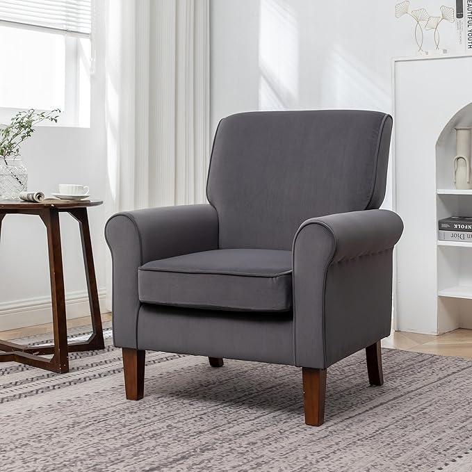 Classic Accent Armchair with Birch Wood Frame and Comfortable Rolled Armrests Arm Chairs for Living Room Bedroom and Office Decor Grey