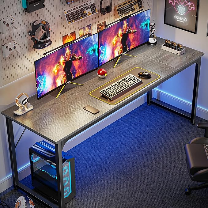 Huuger Computer Desk 70 Inch Office Desk Gaming Desk with Storage Writing Desk Work Desk for Home Office Study Long Simple Desk Large Legroom Metal Frame Grey