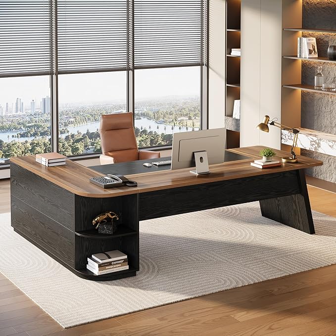 Tribesigns 79-Inch Executive Desk Large Office Desk with Cabinet L-Shaped Compter Desk with Storage Shelves Writing Table for Home Office Brown and Black