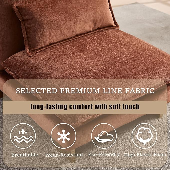 Small Modular Sofa Armless Loveseat Modern 2-Seats Mini Sofa Couch with Pillows Convertible Love Seat with Gold Legs for Small Spaces Living Room Brown Chenille
