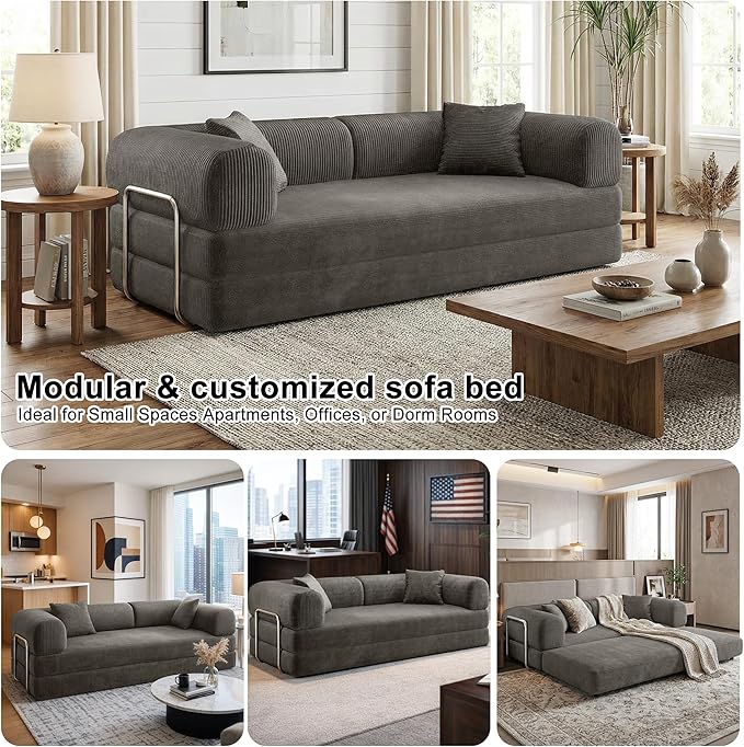 78Inch Compression Sofa 4-in-1 Convertible Floor Sleeper Sofa Bed Folding Sofa Couch with Pillow Support Armrest Cloud Corduroy Foldable Mattress for Living Room Bedroom