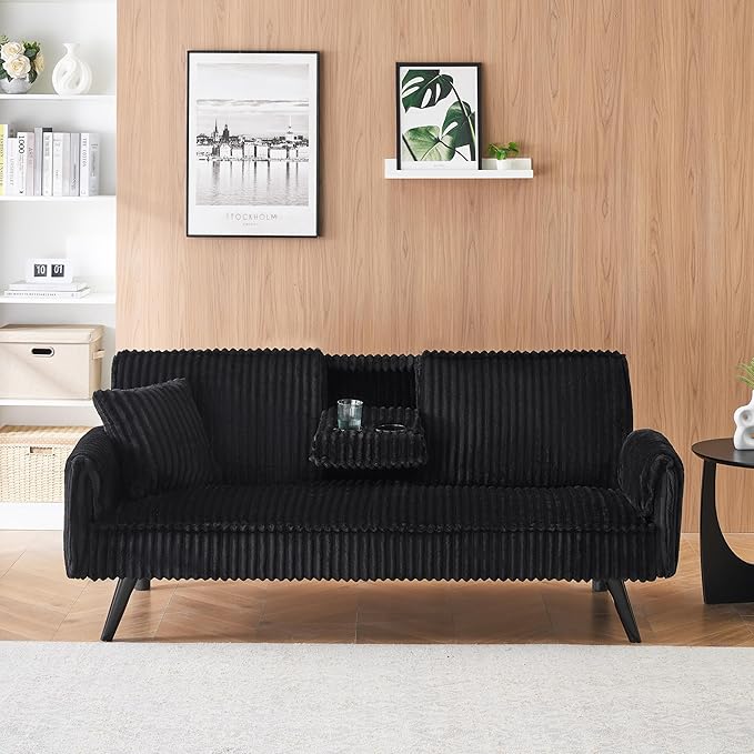 72'' Fabric Loveseat Sofa Comfy Corduroy Couch with 2 Embedded Teacup Holders 2 Seater Sofa with Adjustable Backrest Modern Small Convertible Futon Sofa Bed for Living Room Apartment (Black)