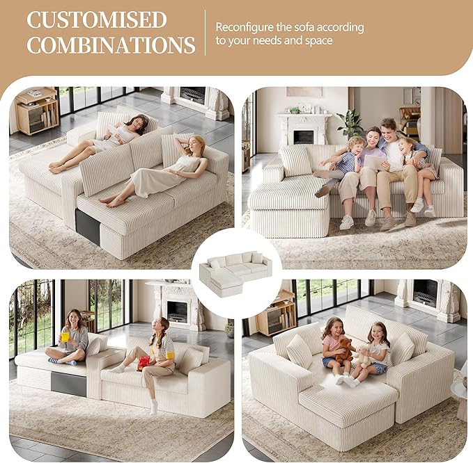 Vongrasig 105 Boneless Couches for Living Room Sectional Couches Modular Sofa with L-Shaped Chaise Memory Foam Comfy Cloud Couch with Plush Corduroy Fabric No Assembly Required Beige