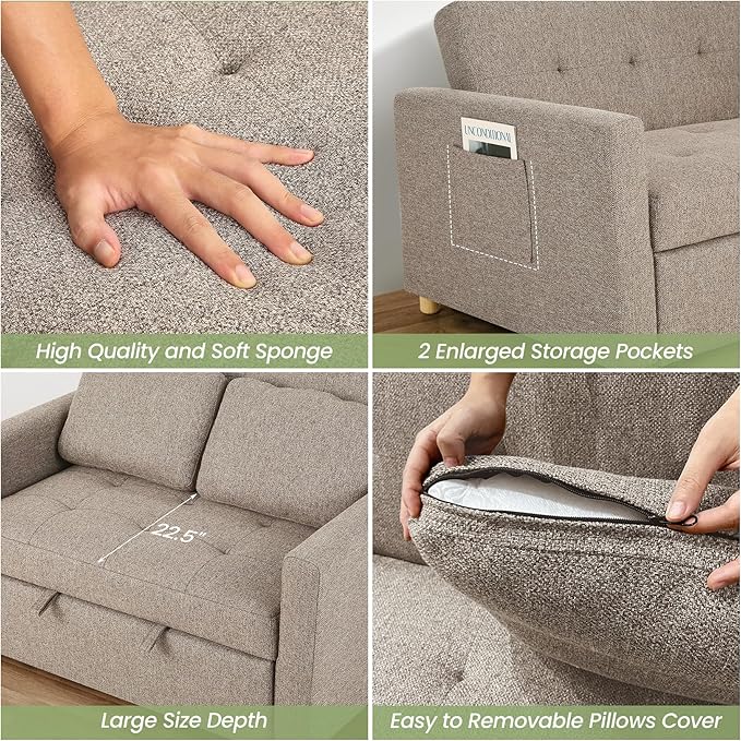 SEJOV 3-in-1 Convertible Sofa Bed Linen Fabric Sleeper Couch Pull Out Bed 49 2-Seater Loveseat Futon Sofa with Spring Support Adjustable Backrest and Pillows for Small Spaces Living Room