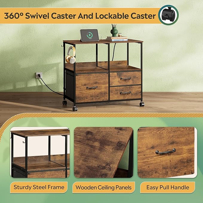 DEVAISE 3 Drawer Mobile File Cabinet Rolling Printer Stand with Storage Shelf Fabric Lateral Filing Cabinet fits A4 or Letter Size Adjustable Shelf for Home Office Rustic Brown