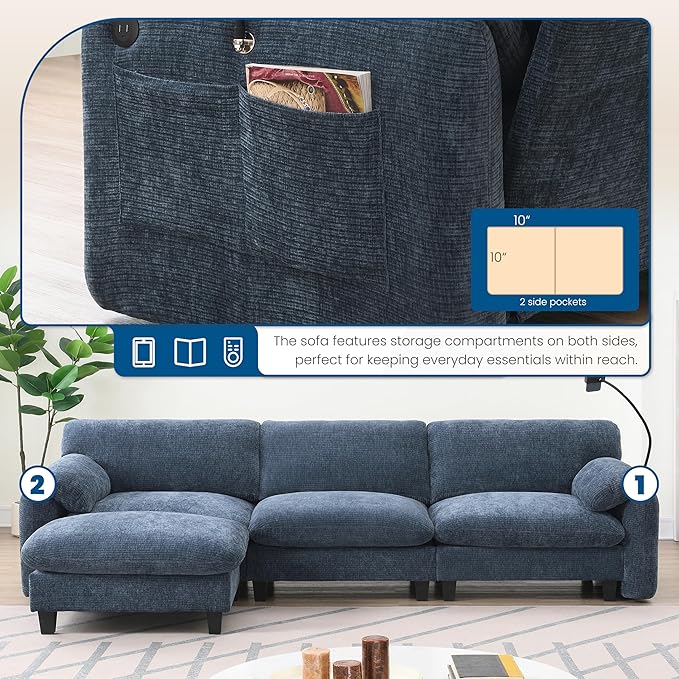 108 Modular Sectional Sofa L-Shape Upholstered Couch with Free Movement Ottoman Phone Holder and 2 Side Storage Pockets 31.5 Extra-Wide Seat Cushion Striped Chenille (Blue Gray/511)