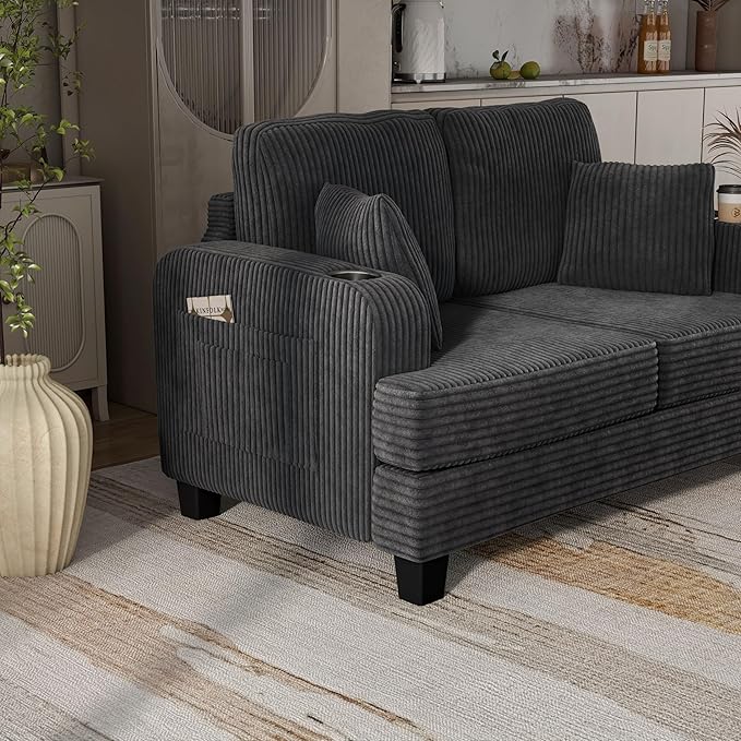 Homes: Inside + Out Reese Modern Plush Chenille Comfortable Loveseat with Side Pockets Cup Holders and Pillows Wooden Soft Couch for Living Room Bedroom and Office Dark Grey