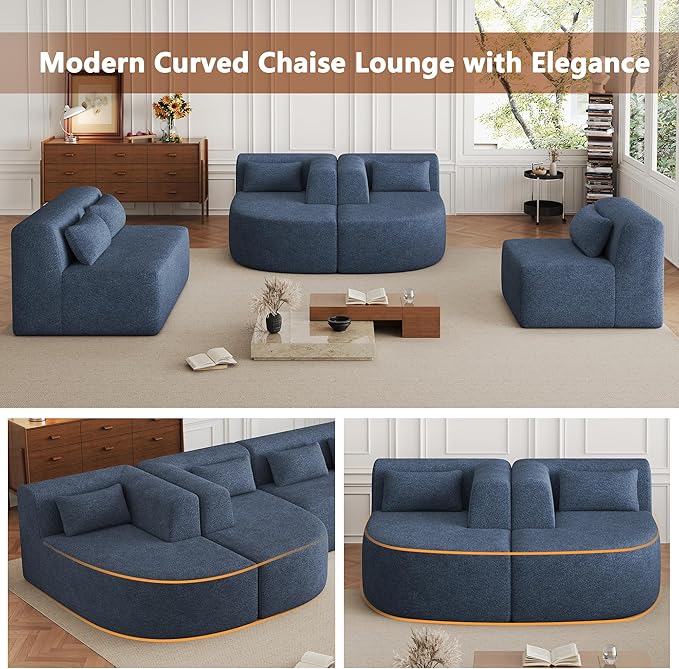 Modern 143.7 Upholstered Sectional SofaFree-Combined Sofa Couch with Two Chaise Lounge and Five Back Pillowsfor Living Room Bedroom (Blue#4)