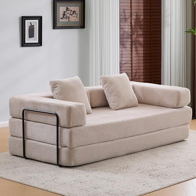 Convertible Couch Sofa Bed Foldable Floor Sleeper | Modern Fold Out Couch | Removable Backrest &amp Armrests | No Assembly Compression Sofa Sleeper for Living Room Bedroom | Corduroy Fabric Beige