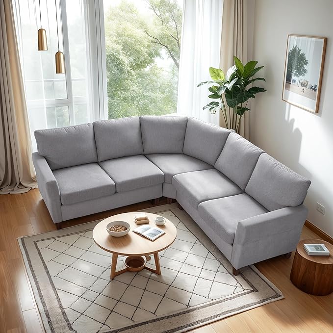 L Shaped Couch Small Sectional Sofa for Living Room L Couch with Pocket Springs Seat Cushion Linen Fabric Tapered Legs Comfy Corner Sofa for Small Space Apartment Office Light Grey