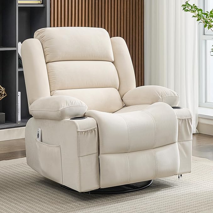 Rocker Recliner Chair with Heat and Massage 360° Swivel Nursery Rocking Chairs for Adults Oversized Recliner Single Sofa Seat with Cup Holders Lazy Boy Recliner Single Sofa (Manual Beige)