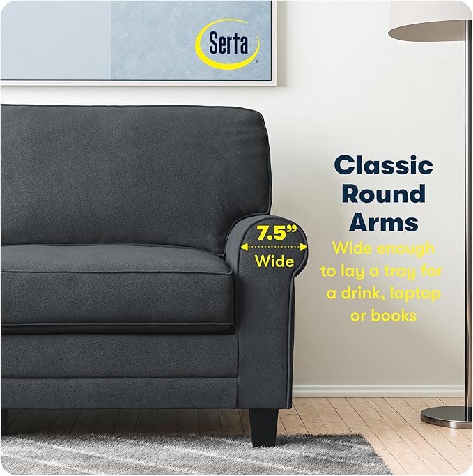 Serta Copenhagen 61 Rolled Arm Sofa Easy Care Polyester Soft Pillow Back Pocket Coil Seat Cushions Removable Covers Loveseat or Couch for Small Spaces Living Rooms or Bedrooms Charcoal