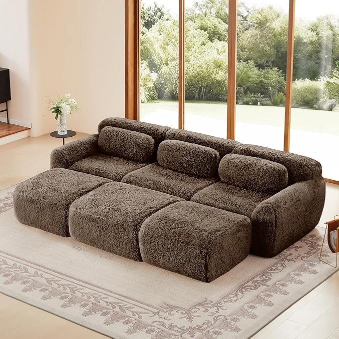 Boneless Couch Modular Sectional Sofa 114.7 Modern Sectional Couches for Living Room Comfy Cloud Sofa No Assembly 3 Seater Couches with Ottoman Deep Seat Floor Sofas Anti-SlipBrown
