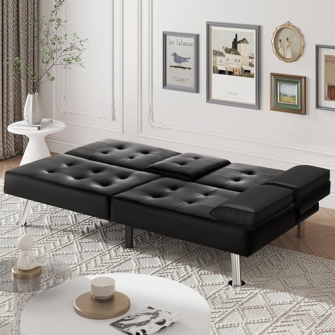 Furniwell Futon Sofa Bed Modern Faux Leather Sofa Couch for Living Room Convertible Folding Adjustable Recliner with 2 Cup Holders and Armrests (Black)