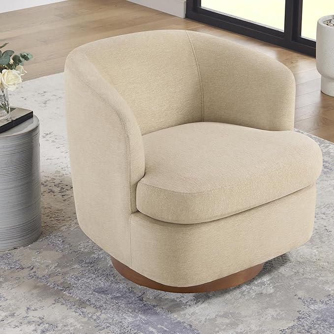 Swivel Accent Chair Barrel Armchair with Upholstered Performance Fabric and Wood Base for Bedroom Waiting Living Room 2 PCS Oatmeal
