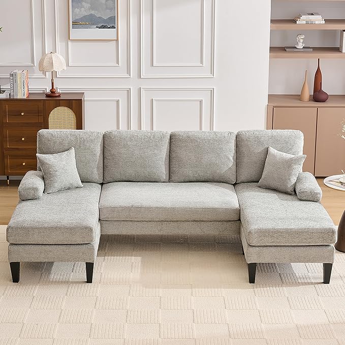 98 U Shaped Couch with 18 Seat Height Sectional Couches for Living Room 4 Seater Couch Set with Double Chaise for Apartment Living Room Sofas Chenille Light Gray