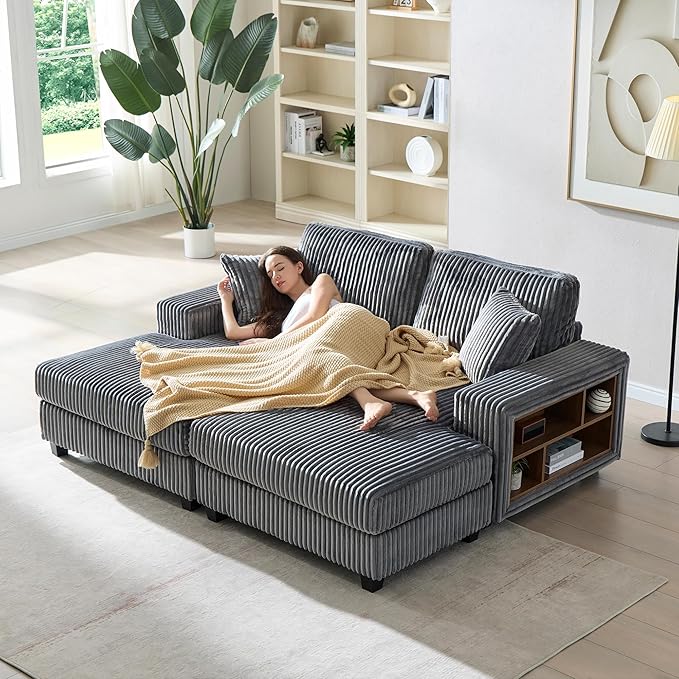 79.5 Oversized Double Chaise Lounge Chair Indoor Modern Upholstered Sleeper Sofa Bed with 2 Storage Armrests &amp Throw Pillows Comfy Fluffy Corduroy Couch for Living Room (Grey 79.5 Double Chai