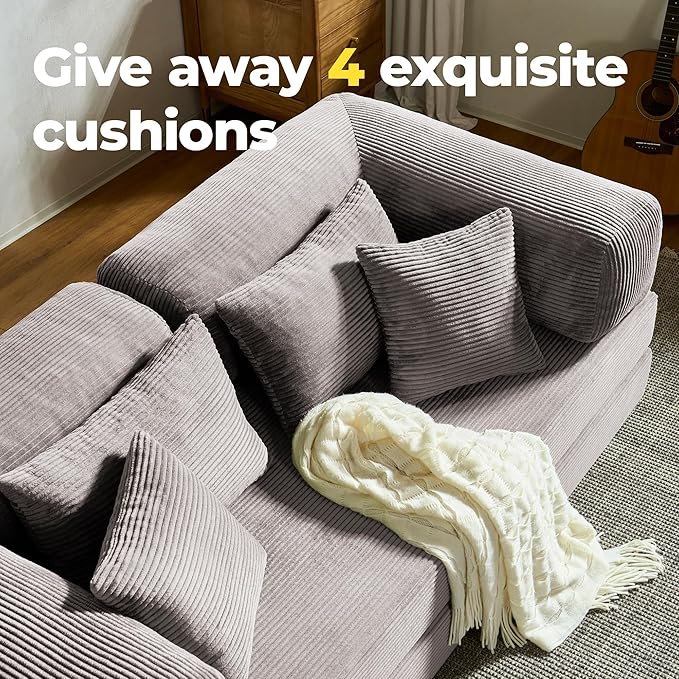 78 Inch Convertible Sofa Bed Corduroy Boneless Couch with Fixed Frame and 4 Pillows Modular Sectional Couch for Living Room Bedroom Studio Floor Bed Loveseat Sofa (Grey)
