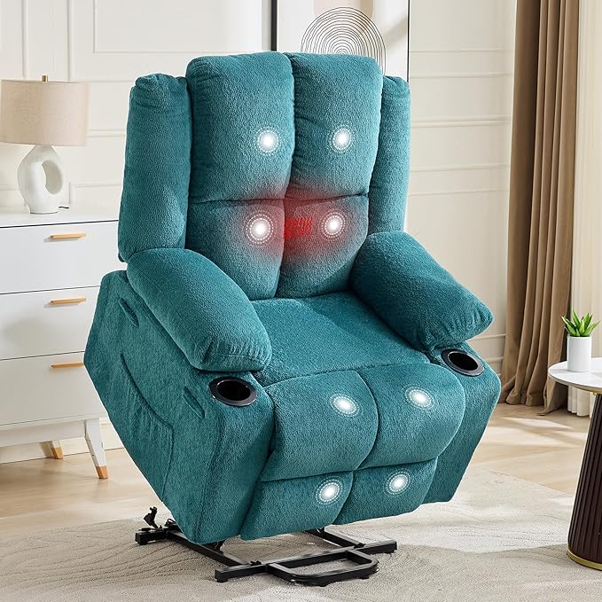 Oversized Power Lift Recliner Chair for Elderly 135° Lay Flat Electric Recliner with Massage &amp Heat Stand Assist Lift Chair with 2 Cup Holders for Living RoomBlue