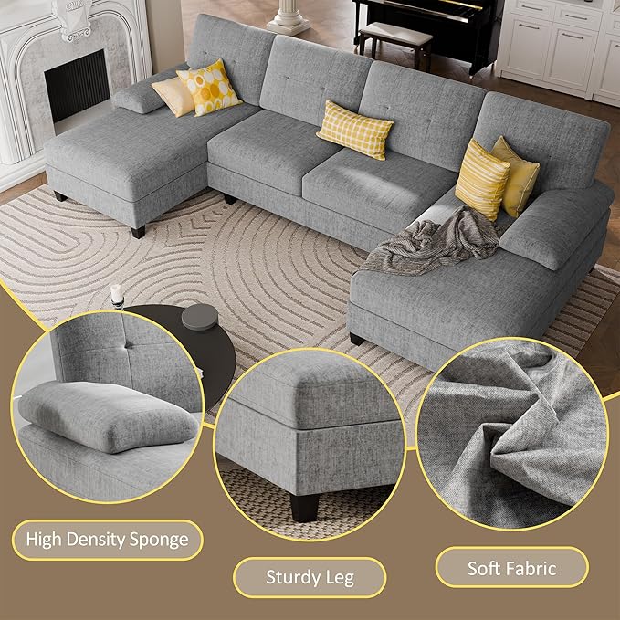 JY QAQA Sectional Couche with Soft Cushion U-Shaped Sofa with Double Chaise 4-Seat Linen Fabric Sofa Sets for Living Room Apartment Taupe