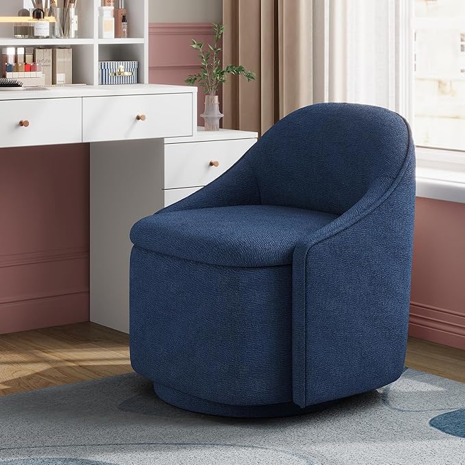 LINSY Swivel Accent Chair with Storage Comfy Chenille Barrel Chairs Small 360 Swivel Modern Armchair for Living Room Bedroom Boucle Reading Chair for Study Room (Blue)