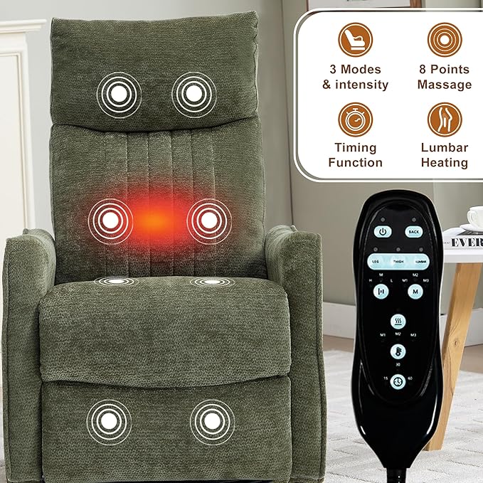 KEIKI Swivel Rocker Recliner Chair with Massage and Heated Pad for Nursery Soft Fabric Glider with 360 Degree Rotation and Manual Recline