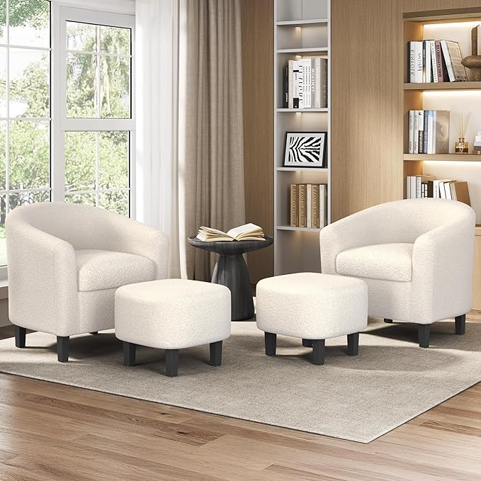 Yaheetech Accent Chair and Ottoman Set Mid Century Boucle Fabric Barrel Chair and Comfy Fabric Footrest for Living Room/Bedroom/Reading Room Ivory 2 PCS