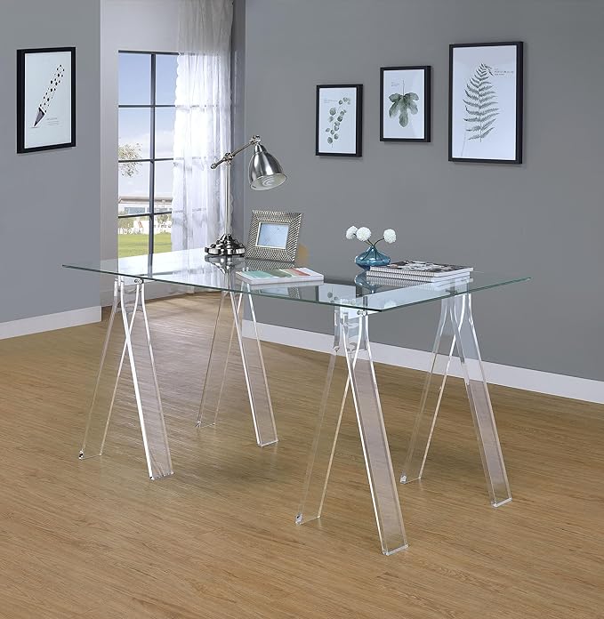Coaster Home Furnishings – Amaturo – Glass &amp Metal – 59-Inch Transparent Design Writing Desk with Tempered Glass Top Chrome Supports and Sawhorse Base – Home Office &amp Living Room – Clear - 8