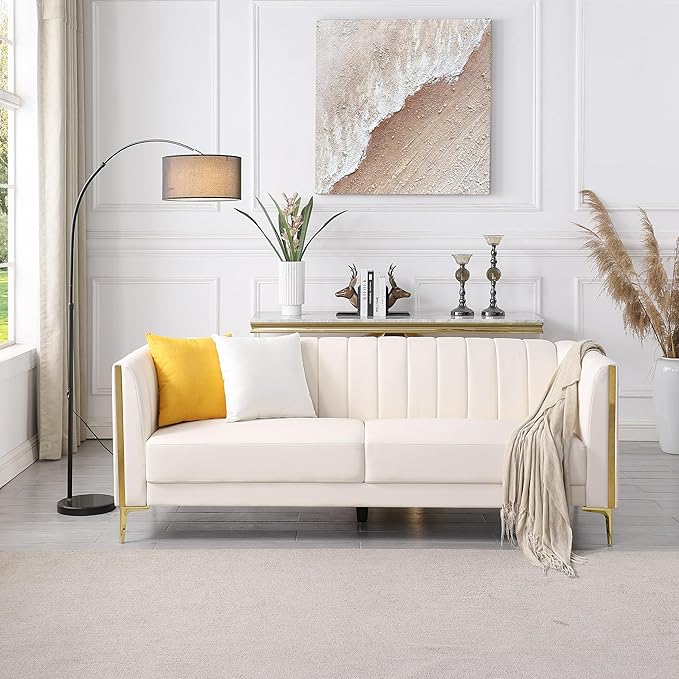 FOTOSOK White Leather Couch Sofa Office Couches 78'' Apartment Faux Leather Sofa with 2 Throw Pillows &amp Gold Metal Legs Waterproof 3 Seater Couches for Small Living Room Luxury Cloud Sofa