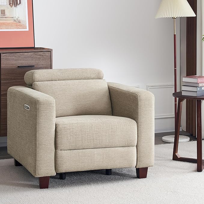 MCombo Zero Wall Recliner Chair Wall Hugger Power Recliner Chair with Adjustable Headrest High Wood Leg USB &amp Type C Dual Charge Ports for Living Room Small Spaces HL128 (Textile Beige)