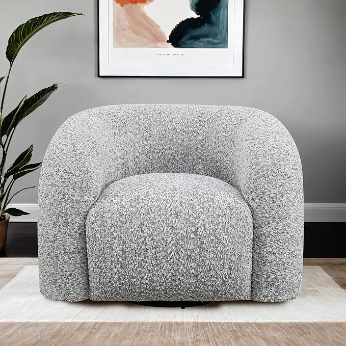Furniture of America Araina Modern Boucle 37.4-inch Swivel Chair with 360-degree Swivel Base Sculptural Pillow-Like Silhouette for Living Room Office Cloud Gray
