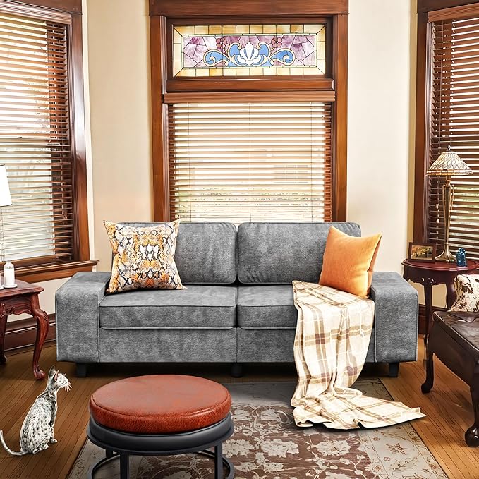 84 Chenille Loveseat Couch 3 Seater Retro Sofa with 4 Side Pockets Removable and Washable Cushions Mid Century Modern Living Room Bedroom Apartment (Light Grey)