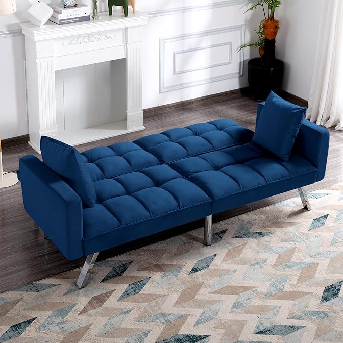 74 Futon Sofa BedConvertible Sleeper Couch with Adjustable Backrest and Pillows Comfy Velvet Cloud Sofa LoveseatModern Loveseat for Living Room and Bedroom（Navy Blue）