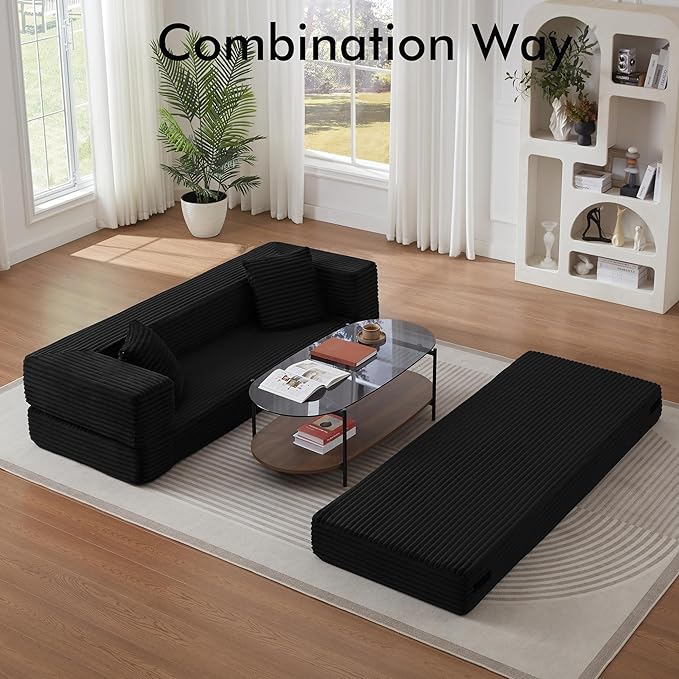 78.8 Convertible Sofa BedFuton Boneless CouchFolding Pull Out Futon Sofa (Black) | Convert to bed Storage Pocket No Assembly Corduroy Fabric Family size Ease of assembly