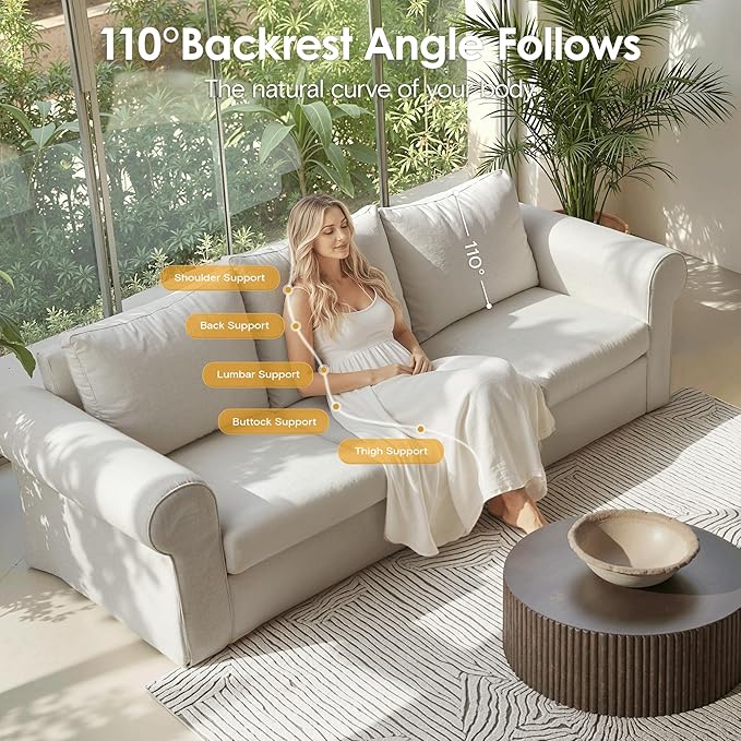 89 3 Seater Sofa for Living Room Deep Seated Comfy Couch High Back Suppor Removable Washable Couches Modern Farmhouse Rolled-Arm Sofas - Grey