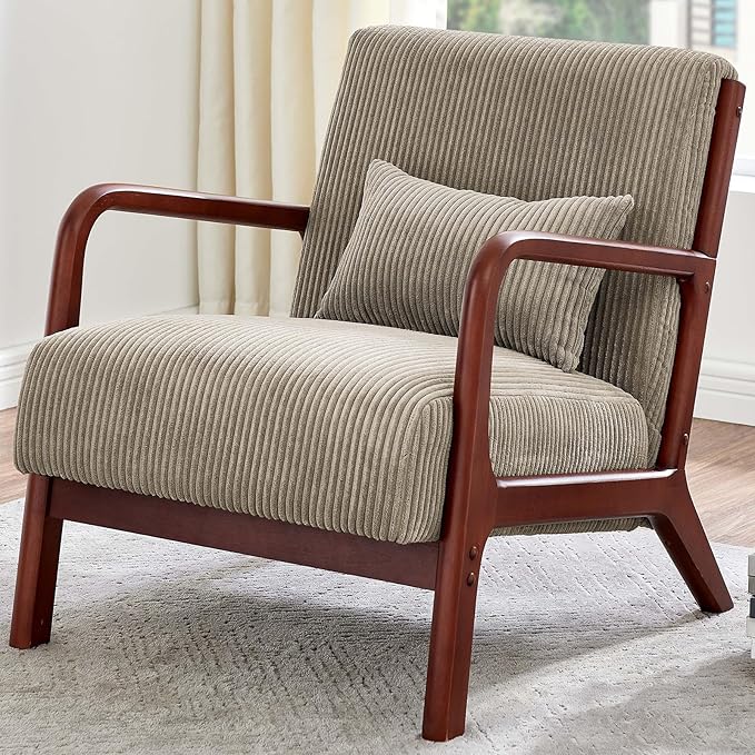 Modern Accent Chairs with Waist Cushion Comfy Upholstered Chair Living Room Corduroy Reading Chair with Solid Wood Frame Side Chairs for Living Room Bedroom Sunny Room Balcony (Camel)