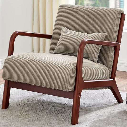 Modern Accent Chairs with Waist Cushion Comfy Upholstered Chair Living Room Corduroy Reading Chair with Solid Wood Frame Side Chairs for Living Room Bedroom Sunny Room Balcony (Camel)